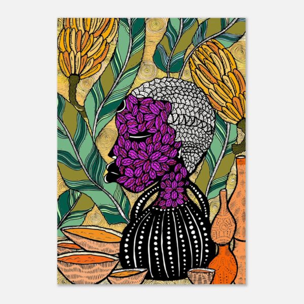 Banana-plakat: et kvinnehode med lukkede øyne stiger opp av en svart, prikkete vase, blant boller og krukker, under klaser med gule bananer