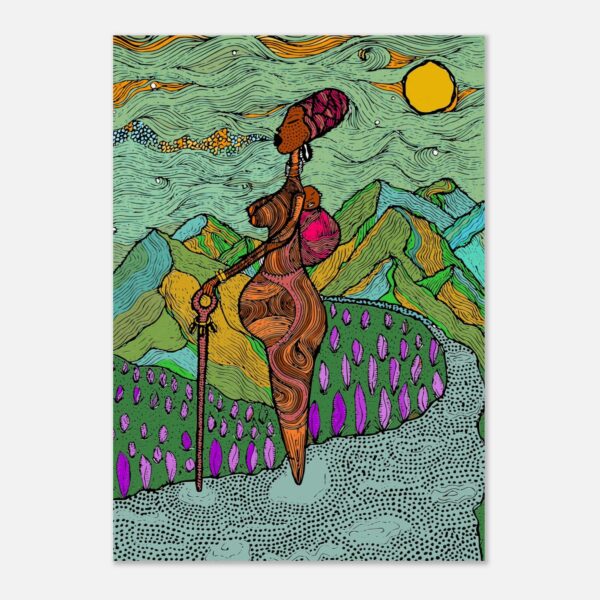 Journey-plakat: en gravid kvinne med stav og et barn bundet på ryggen går langs en prikkete sti gjennom grønne og blå åser under en gyllen sol
