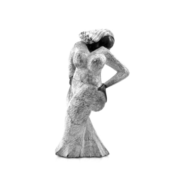 A three-quarter view showing the polished dark skin against the rough pale dress.